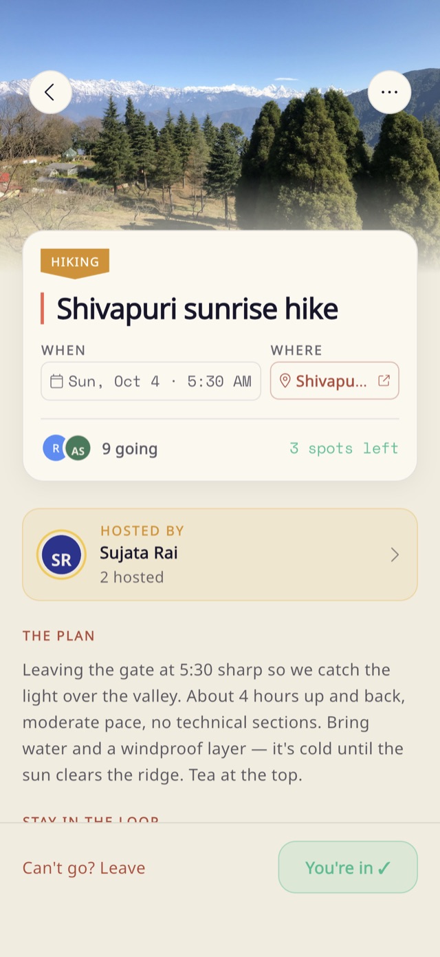 An activity page for Shivapuri sunrise hike: Sunday 5:30 AM, 9 going, 3 spots left, hosted by Sujata, with the host's plan and a You're in button.
