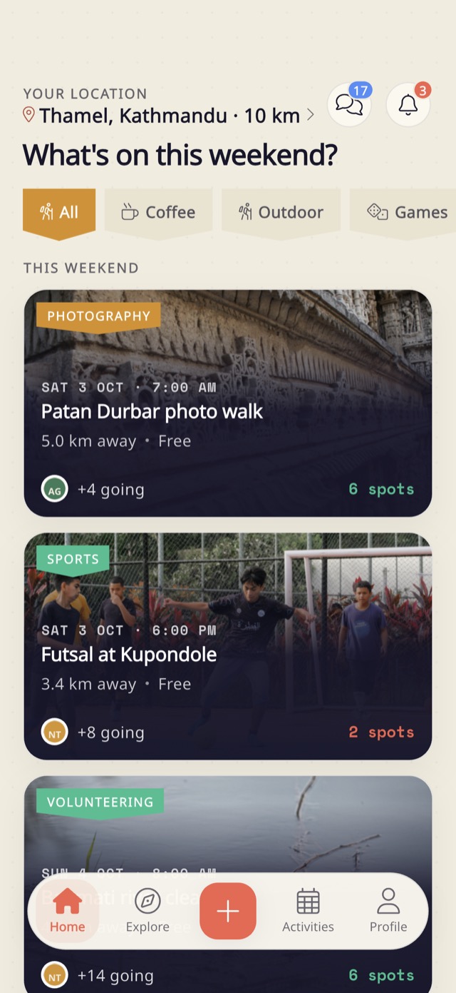 The Milau home screen: What's on this weekend, with a Patan Durbar photo walk and futsal at Kupondole, each showing distance, Free, how many are going and spots left.