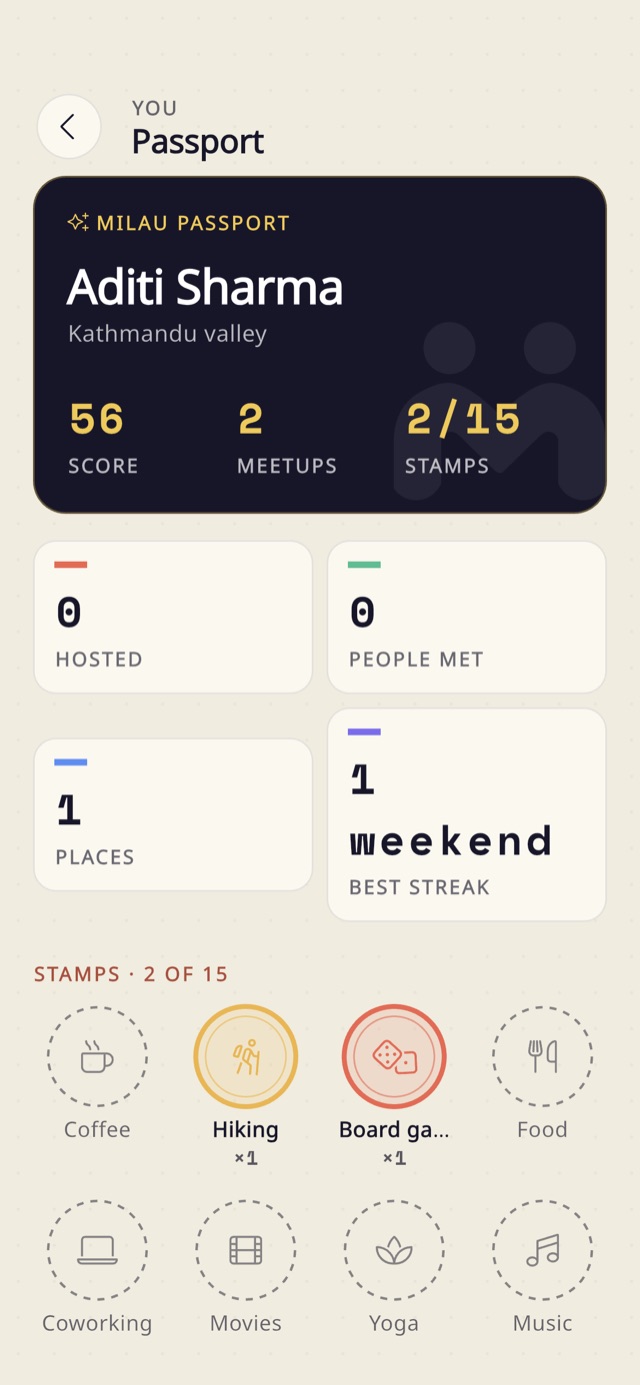 The Milau Passport: score, meetups and stamps, with a stamp for each kind of activity you've been to.