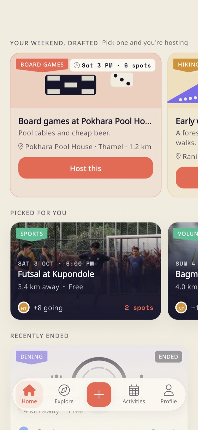 Milau's home screen showing Your weekend, drafted (a board games plan at a real place with a Host this button) and Picked for you (futsal at Kupondole, 2 spots left).